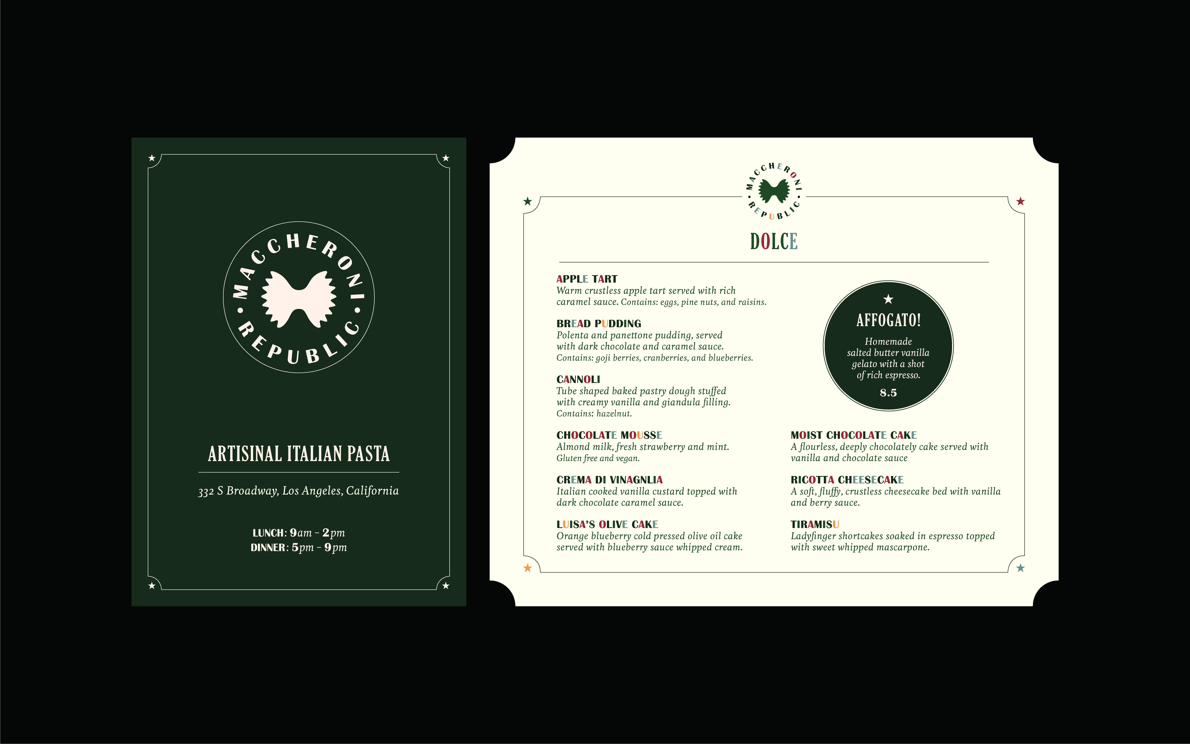 Maccheroni Republic: Menu Cover and Dolce