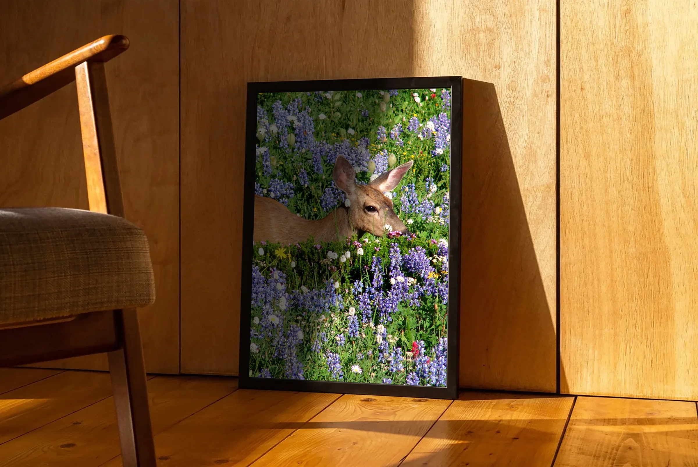 Mountain as a Muse: Deer in Lupine, Framed Print